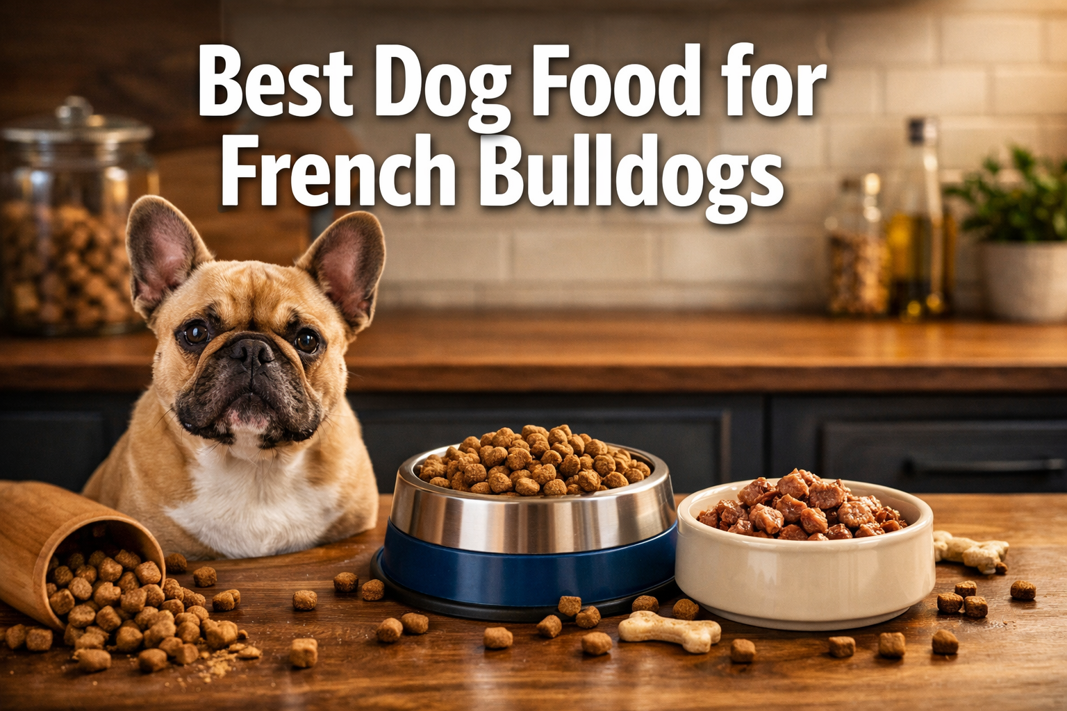 Professional landscape hero image (1536x1024) featuring bold text overlay 'Best Dog Food for French Bulldogs' in extra large 72pt white sans