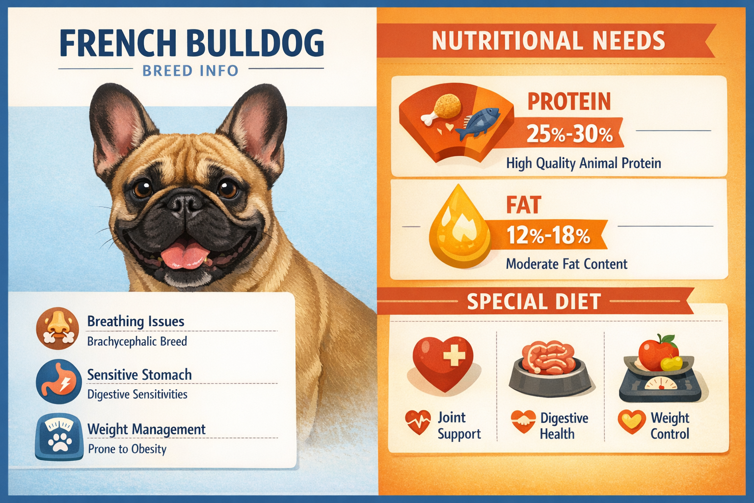 Detailed infographic showing French Bulldog breed characteristics and nutritional needs, split-screen layout with cute French Bulldog profil