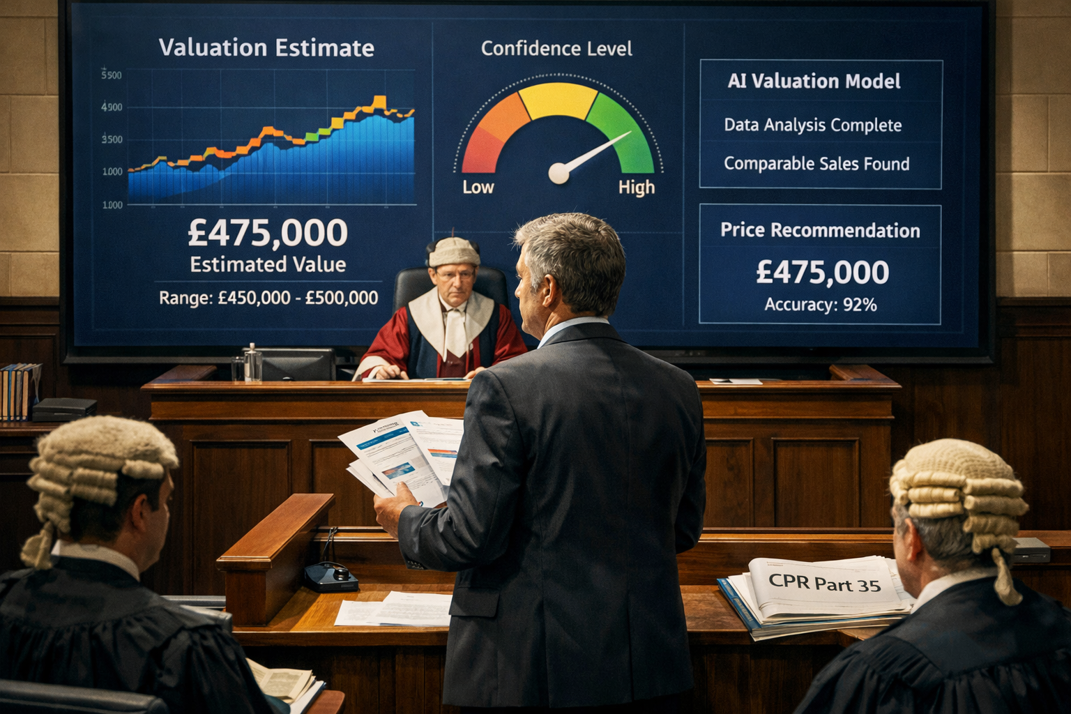 () editorial illustration showing a formal UK courtroom scene from elevated angle: an expert witness surveyor standing at a