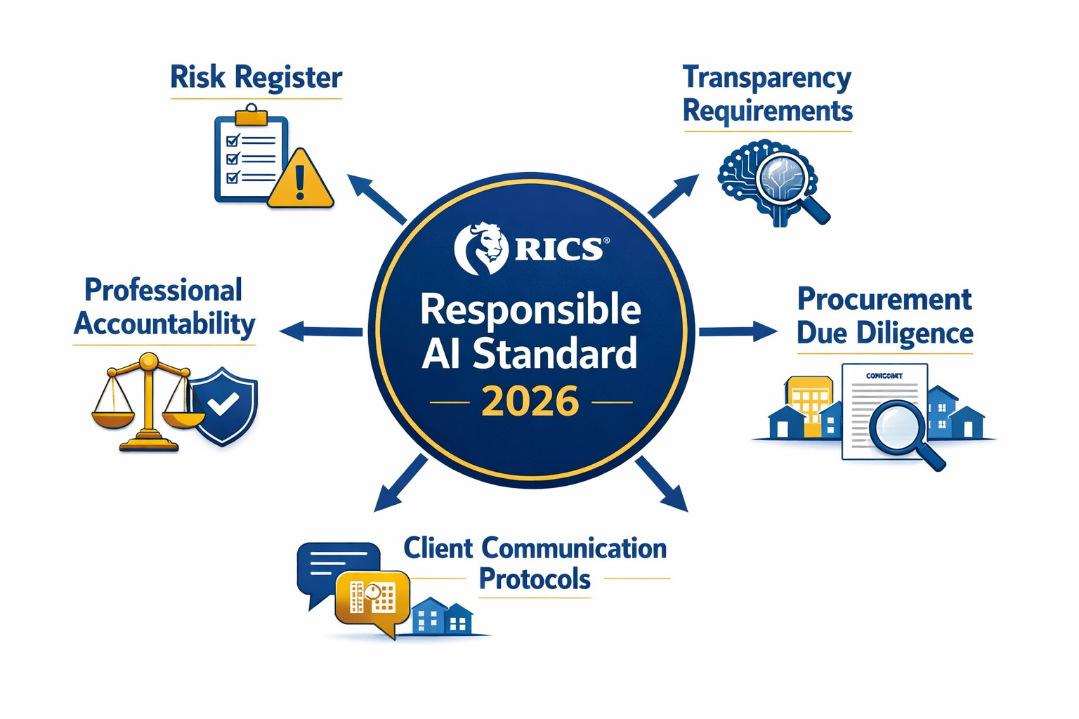 () detailed infographic-style editorial image showing a structured governance framework diagram for RICS March 2026 AI