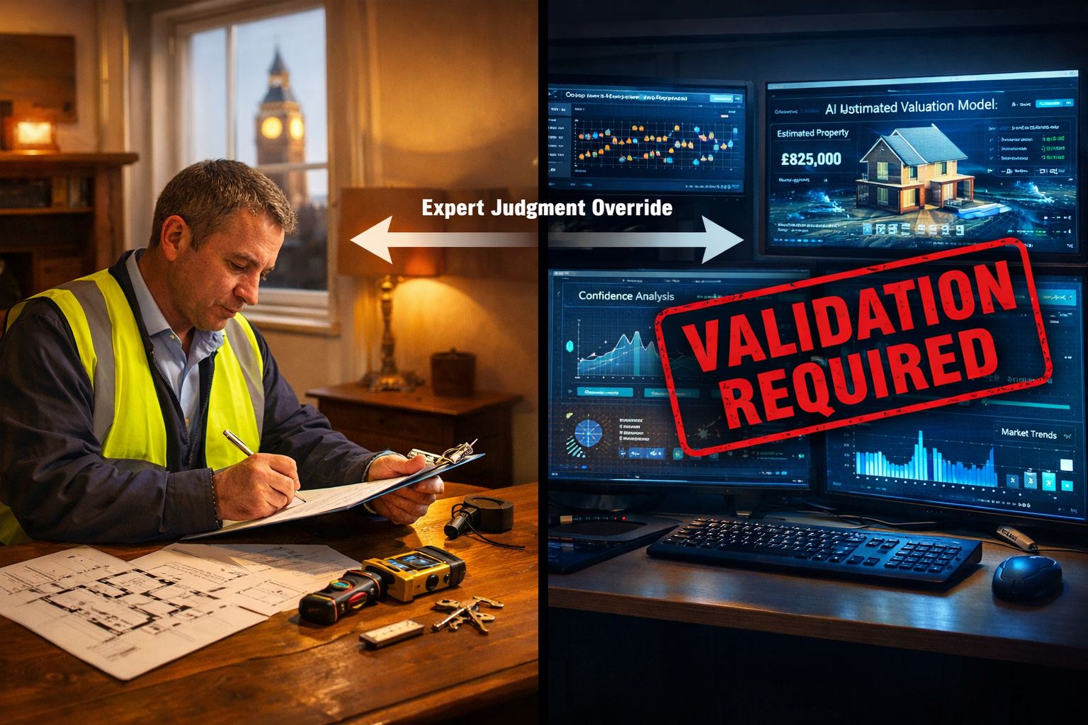 () showing a split-screen comparison scene: left panel depicts a chartered surveyor at a desk conducting traditional