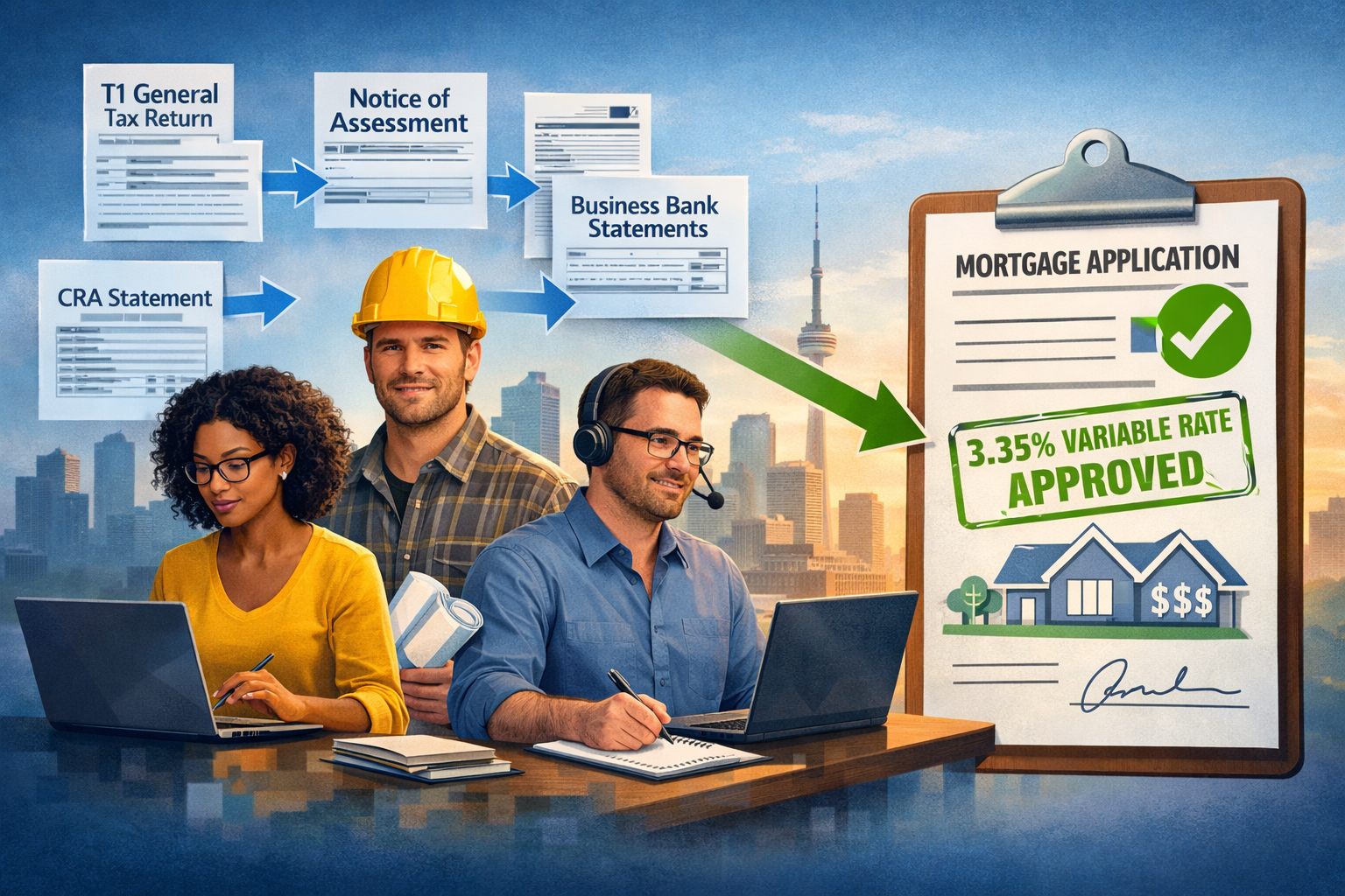 () conceptual illustration showing self-employed income documentation challenges and solutions. Center features diverse