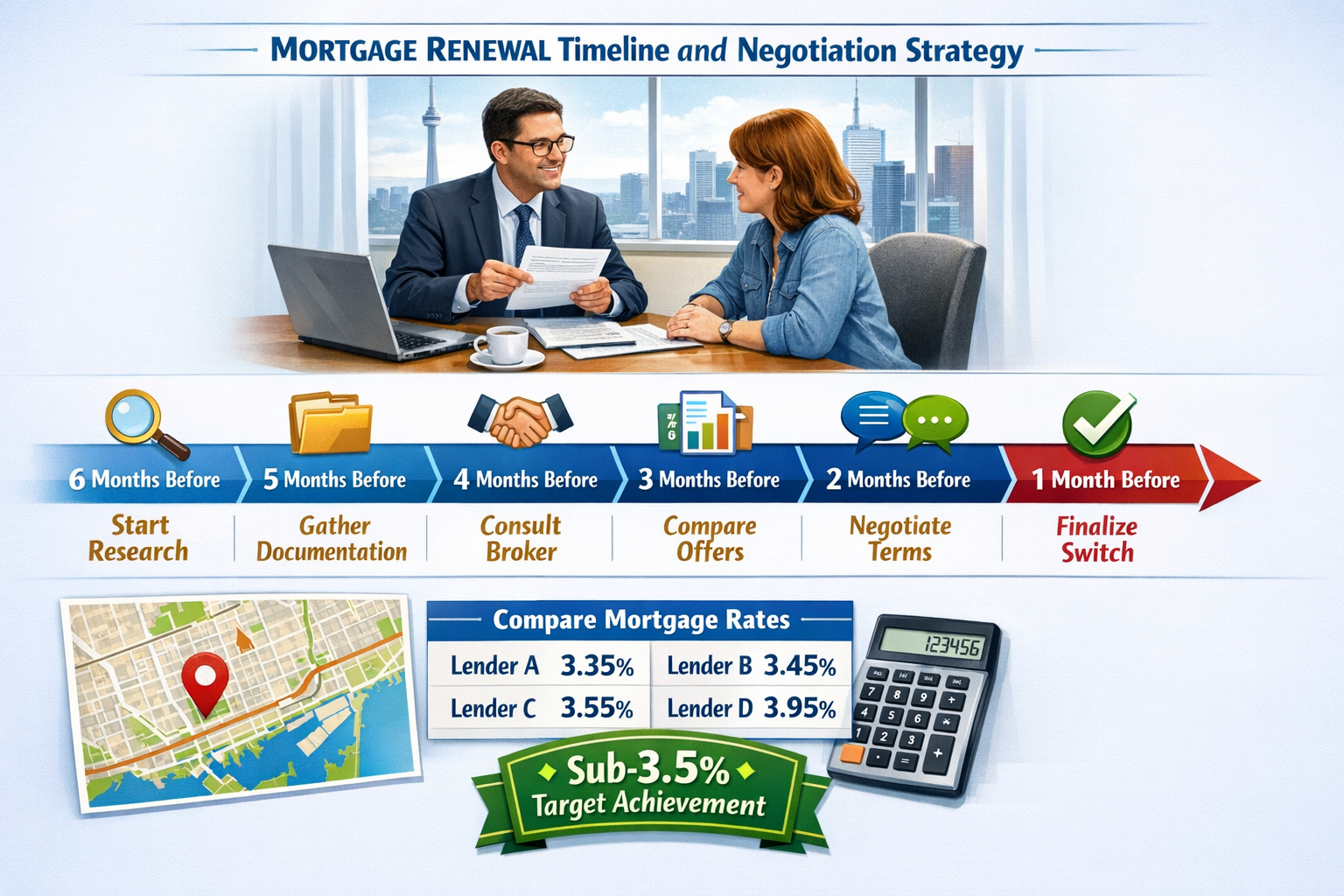 () action-oriented workflow diagram showing mortgage renewal timeline and negotiation strategy. Horizontal timeline spans 6