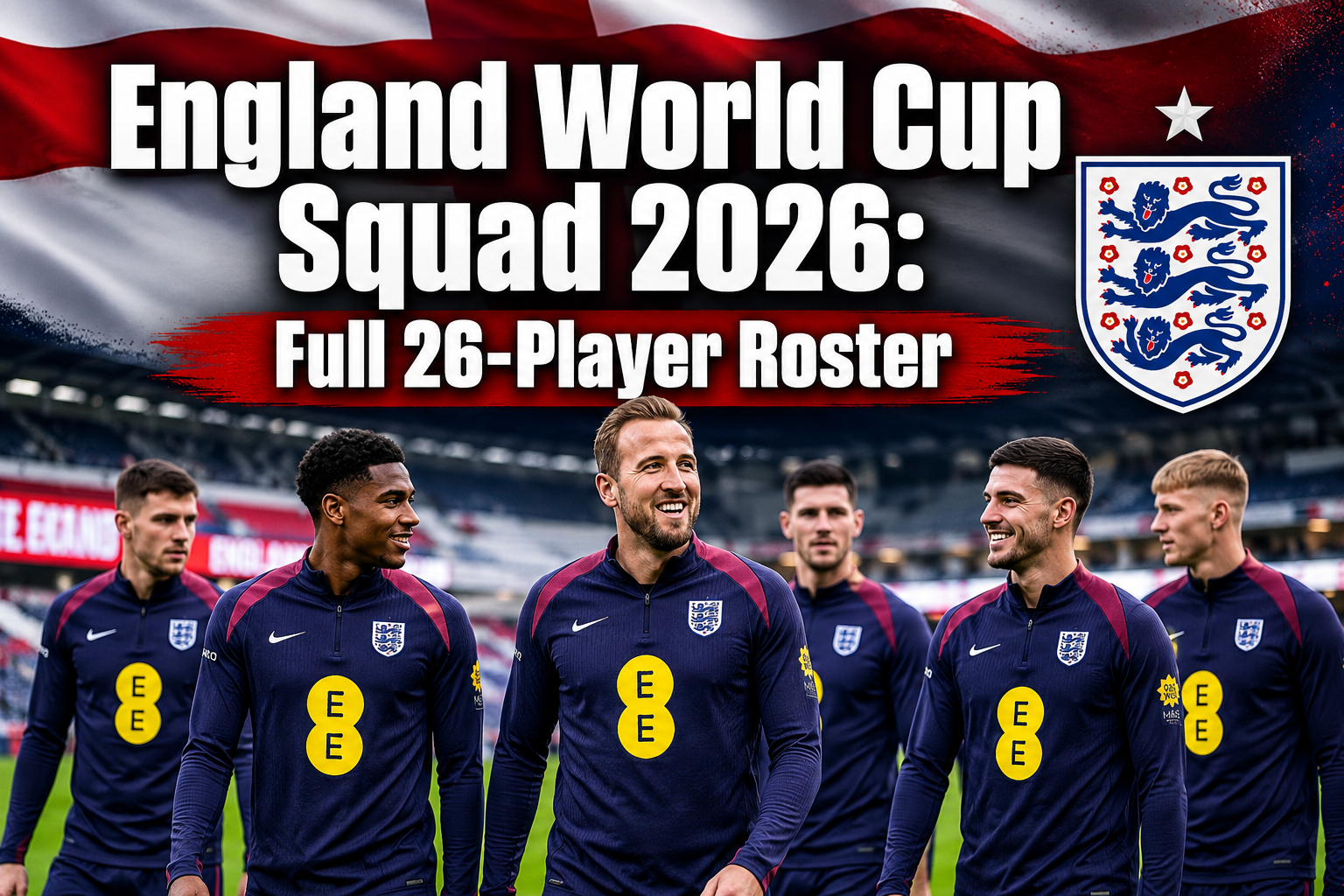 Professional () hero image featuring 'England World Cup Squad 2026: Full 26-Player Roster' in extra large white with dark ,