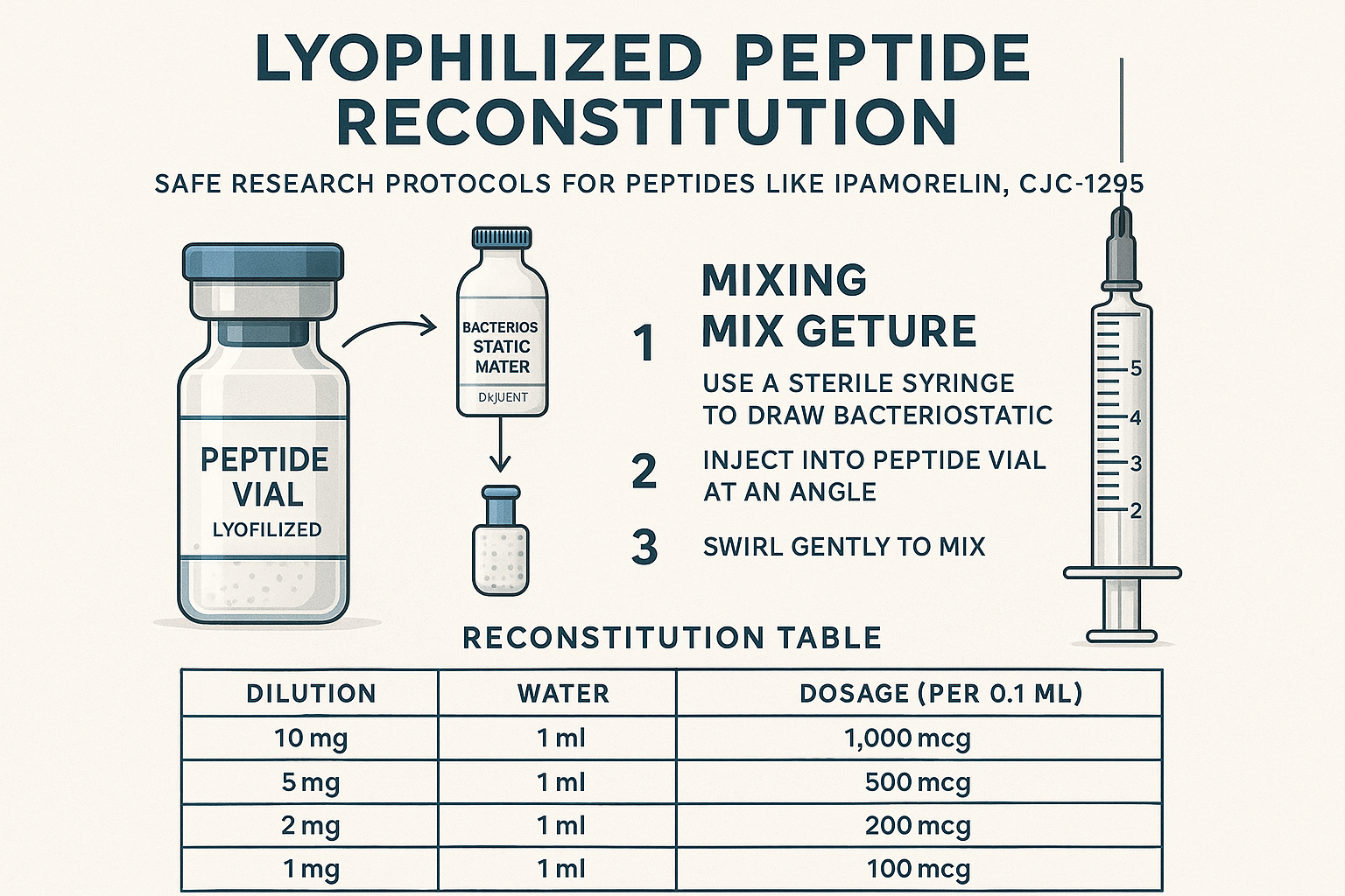 An intricate infographic illustrating the safe and effective reconstitution process of lyophilized peptides, focusing on bacteriostatic wate