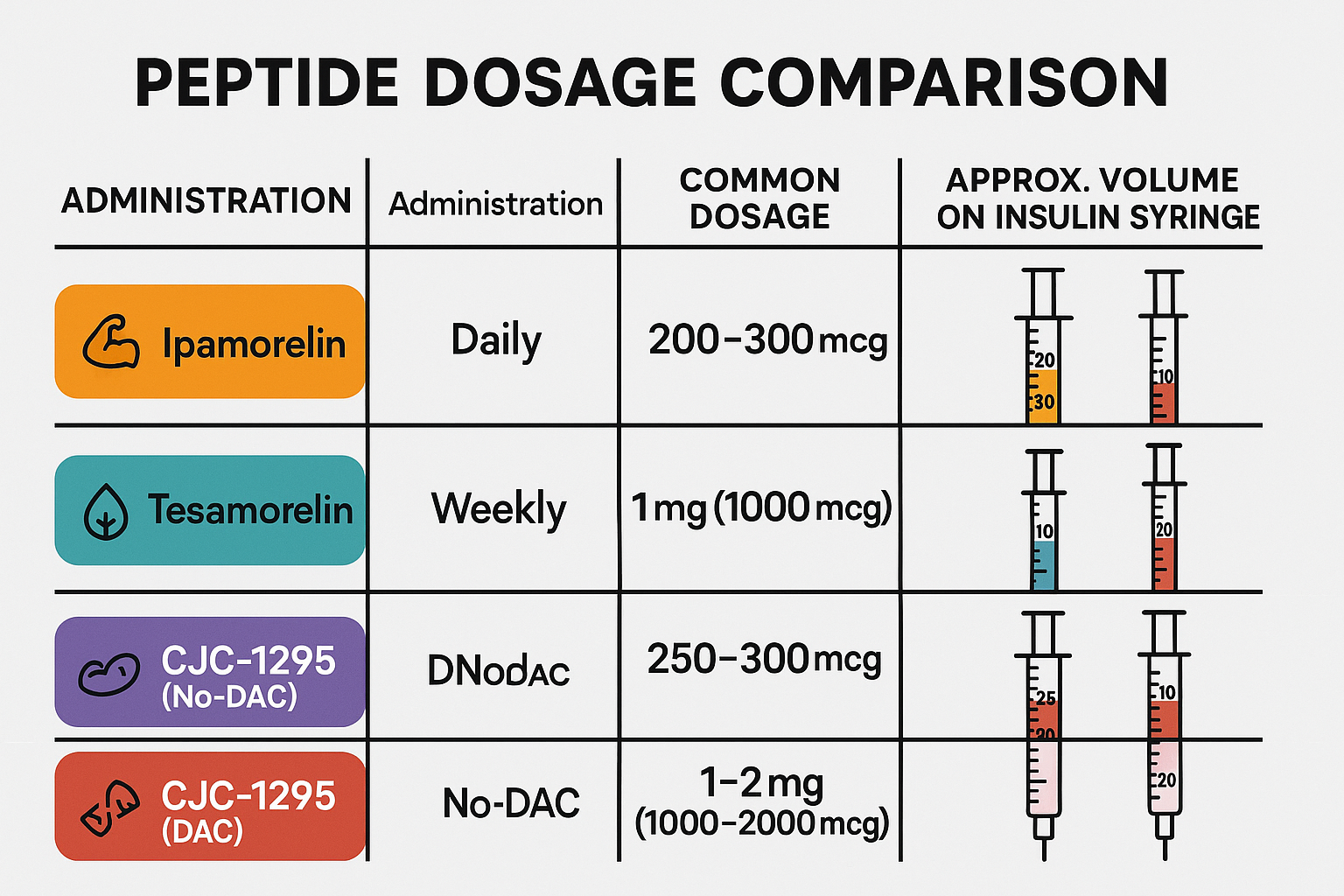 A comparative chart visually representing typical dosages for peptides such as Ipamorelin, Tesamorelin, and CJC-12995 (with and without DAC)