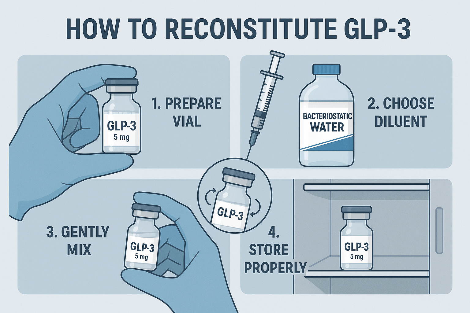 A detailed step-by-step infographic on how to reconstitute GLP-3, including specific instructions on vial preparation, diluent selection (ba