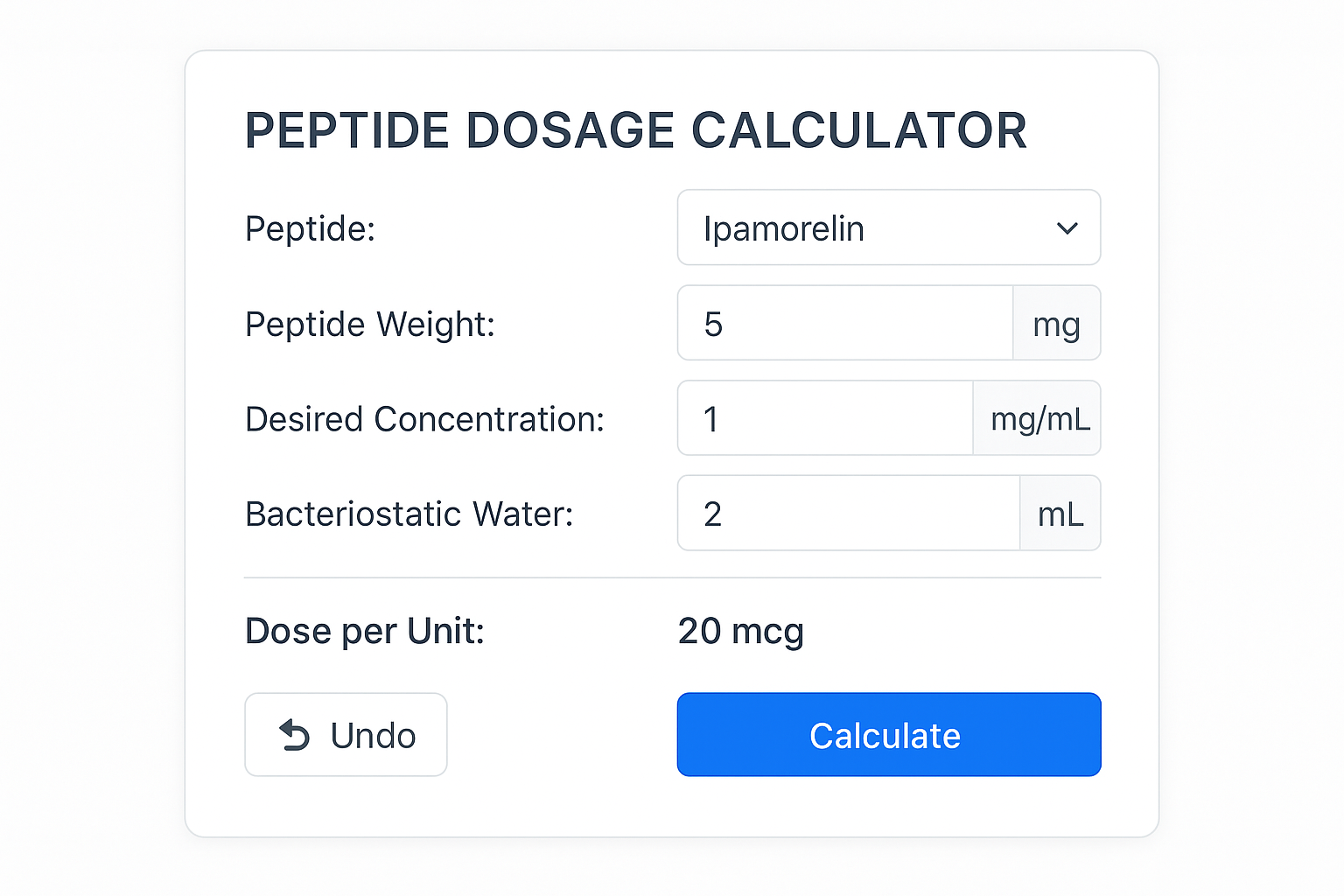 A digital interface of an interactive calculator designed to assist researchers in determining precise dosages and reconstitution volumes fo