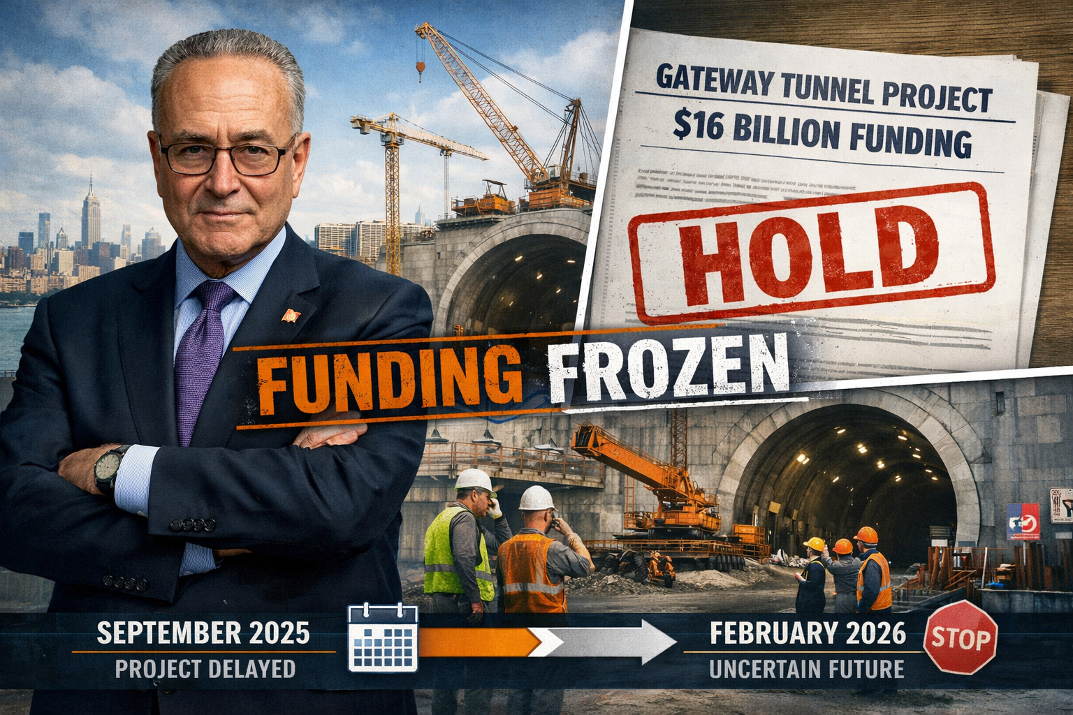 Landscape format (1536x1024) editorial illustration showing Senate Minority Leader Chuck Schumer in professional suit standing firm with cro