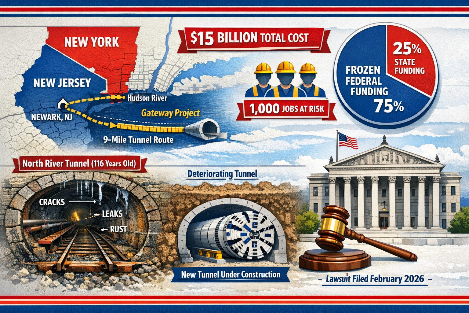 Landscape format (1536x1024) detailed infographic illustration showing map of northeastern United States with New York and New Jersey highli