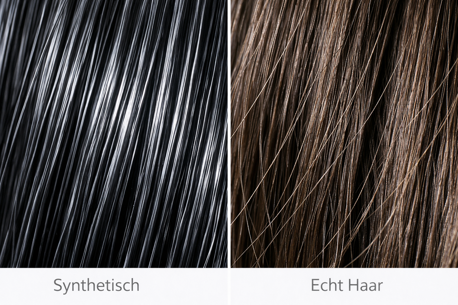 Landscape format (1536x1024) detailed comparison image showing synthetic wig fibers on left side versus human hair wig strands on right side