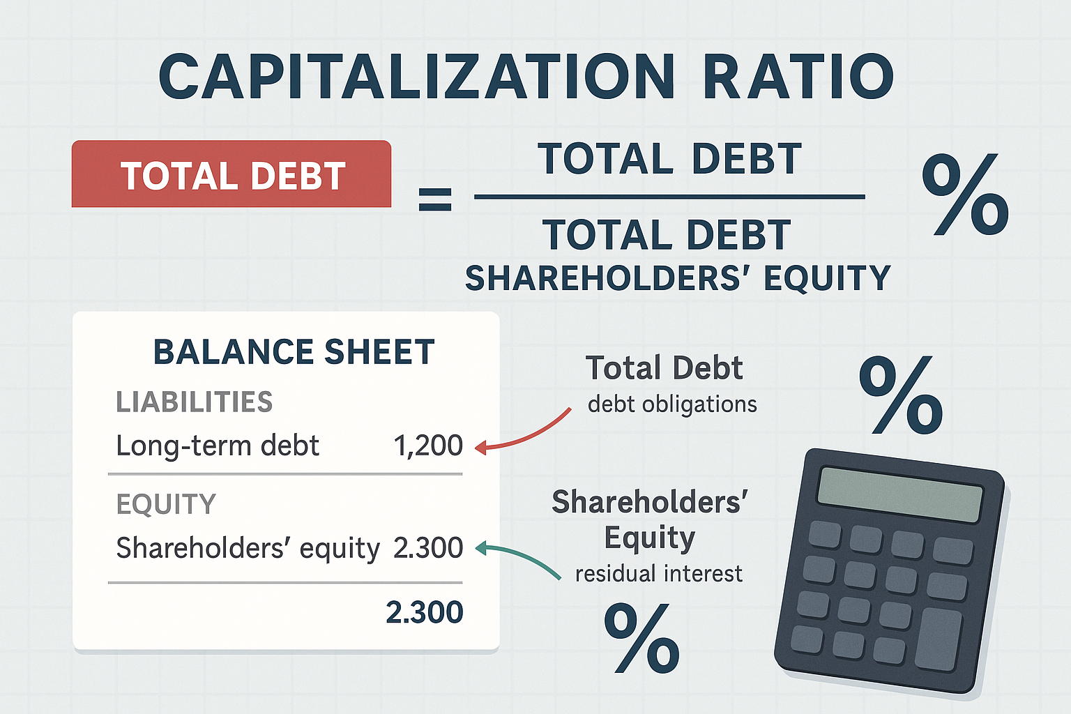 Detailed infographic illustration showing capitalization ratio formula breakdown with visual equation display: Total Debt divided by Total D