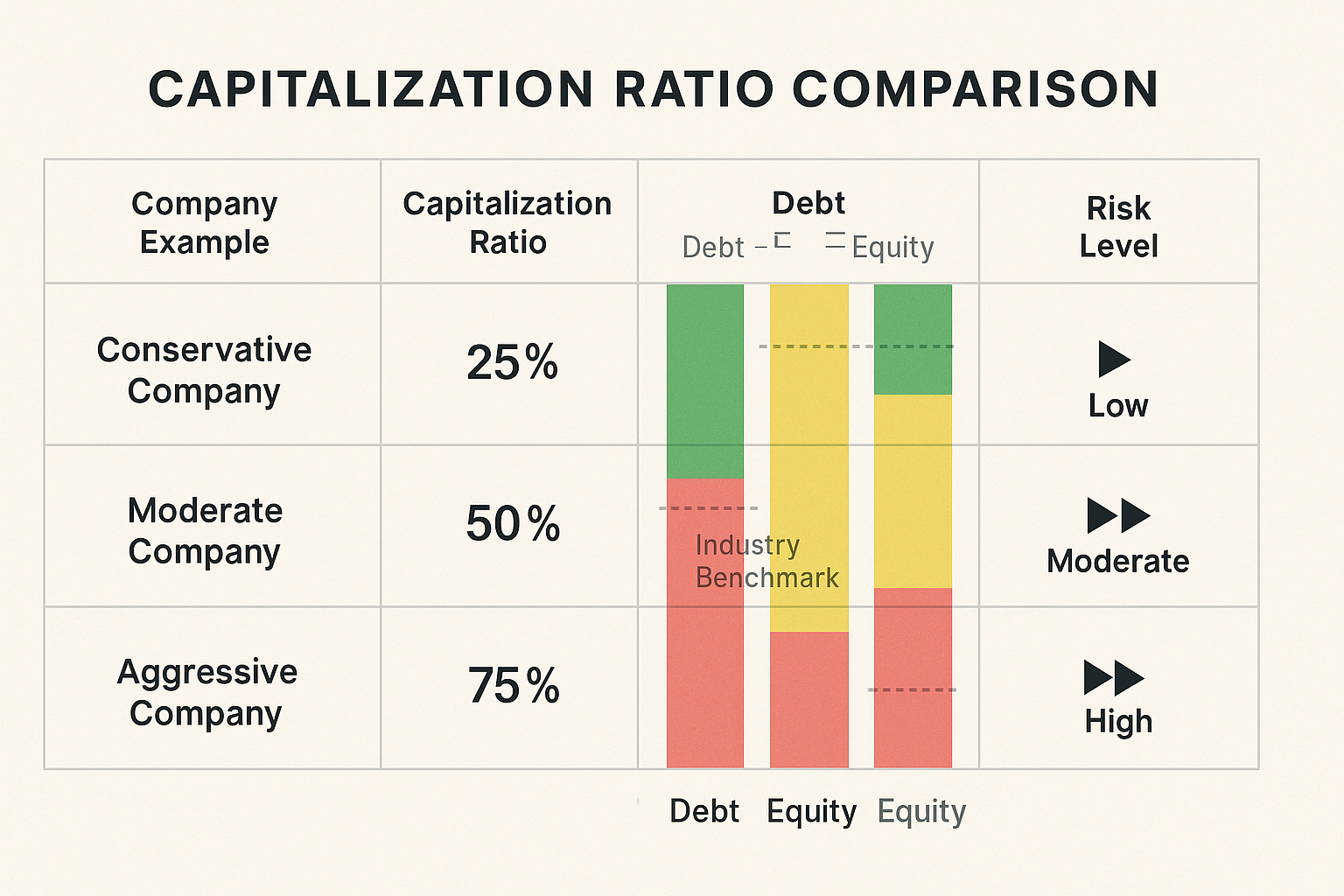 Comprehensive comparison table visualization showing three company examples with different capitalization ratios: conservative company at 25
