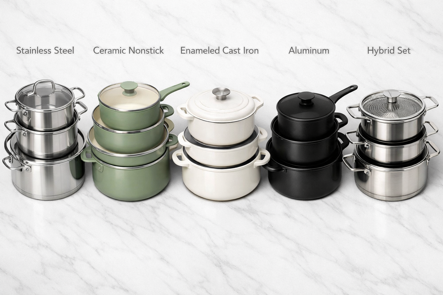 Digital illustration, graphic design style, Detailed landscape format (1536x1024) flat-lay overhead shot of five different stackable cookware sets arranged side by side on a clean white marble surface — stainless steel, ceramic nonstick, enameled cast iron, budget aluminum, and hybrid sets — each labeled with material type in clean sans-serif text. Soft studio lighting from above, minimal shadows, product photography aesthetic. Color palette: white, silver, sage green, matte black. Sharp focus, editorial quality, comparison chart style visual. 