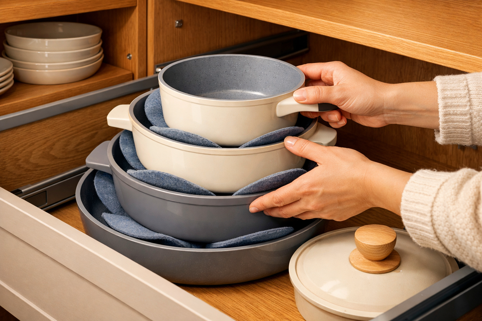 Digital illustration, graphic design style, Detailed landscape format (1536x1024) close-up side-angle shot of a person's hands neatly stacking ceramic nonstick pots and pans inside a compact kitchen cabinet drawer, demonstrating space-saving storage. Warm kitchen lighting, wooden cabinet interior visible, pots fitting snugly together with silicone protectors between layers. Background shows organized kitchen shelving. Color palette: warm oak, matte cream, soft grey. Lifestyle photography style, editorial quality, practical home organization aesthetic.