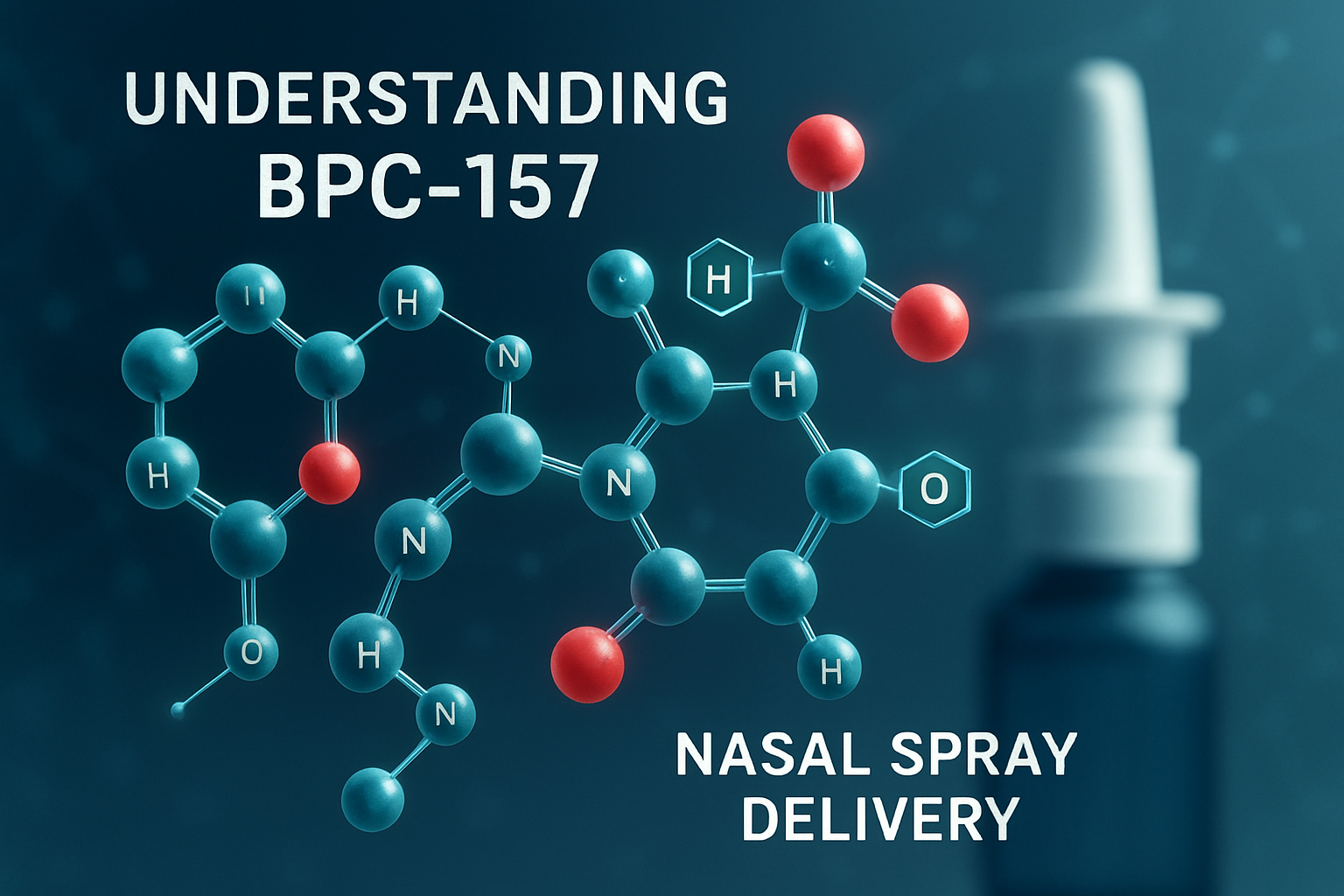 A close-up, high-magnification editorial image (1536x1024) of a BPC-157 peptide chain rendered in 3D, with a nasal spray device blurred in t