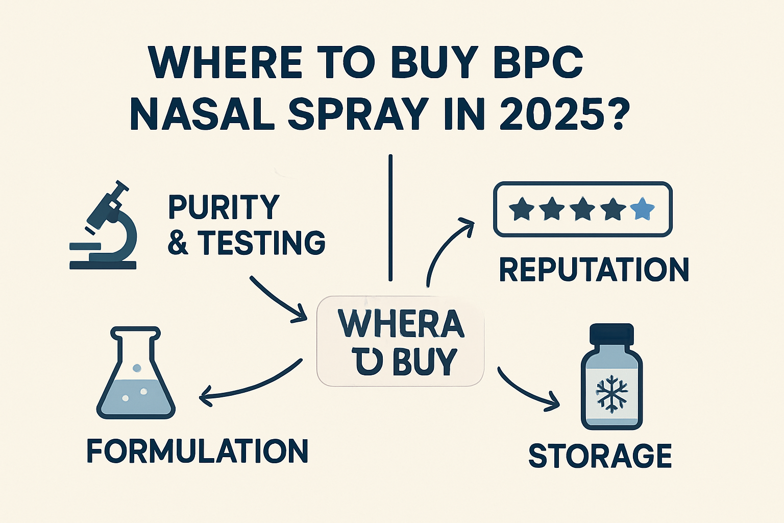 A detailed infographic (1536x1024) illustrating the key considerations for purchasing BPC nasal spray. The infographic features a clean, pro