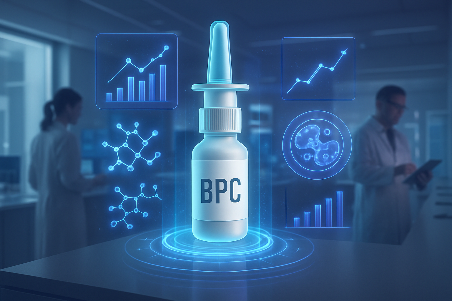 A conceptual image (1536x1024) showing the future of peptide research, with a stylized BPC nasal spray device at the center of a holographic