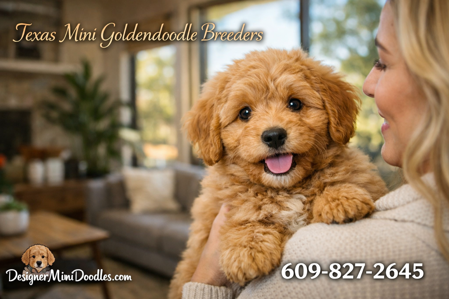 () warm photograph of a mini goldendoodle puppy being held by a woman in a modern Texas home living room with large windows