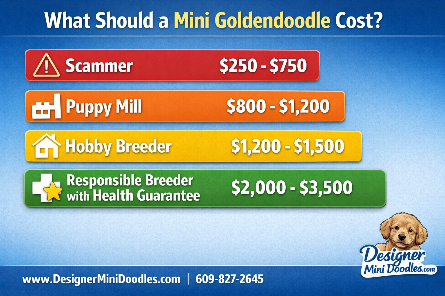 () professional infographic showing goldendoodle puppy price comparison as a horizontal bar chart. Four tiers labeled: