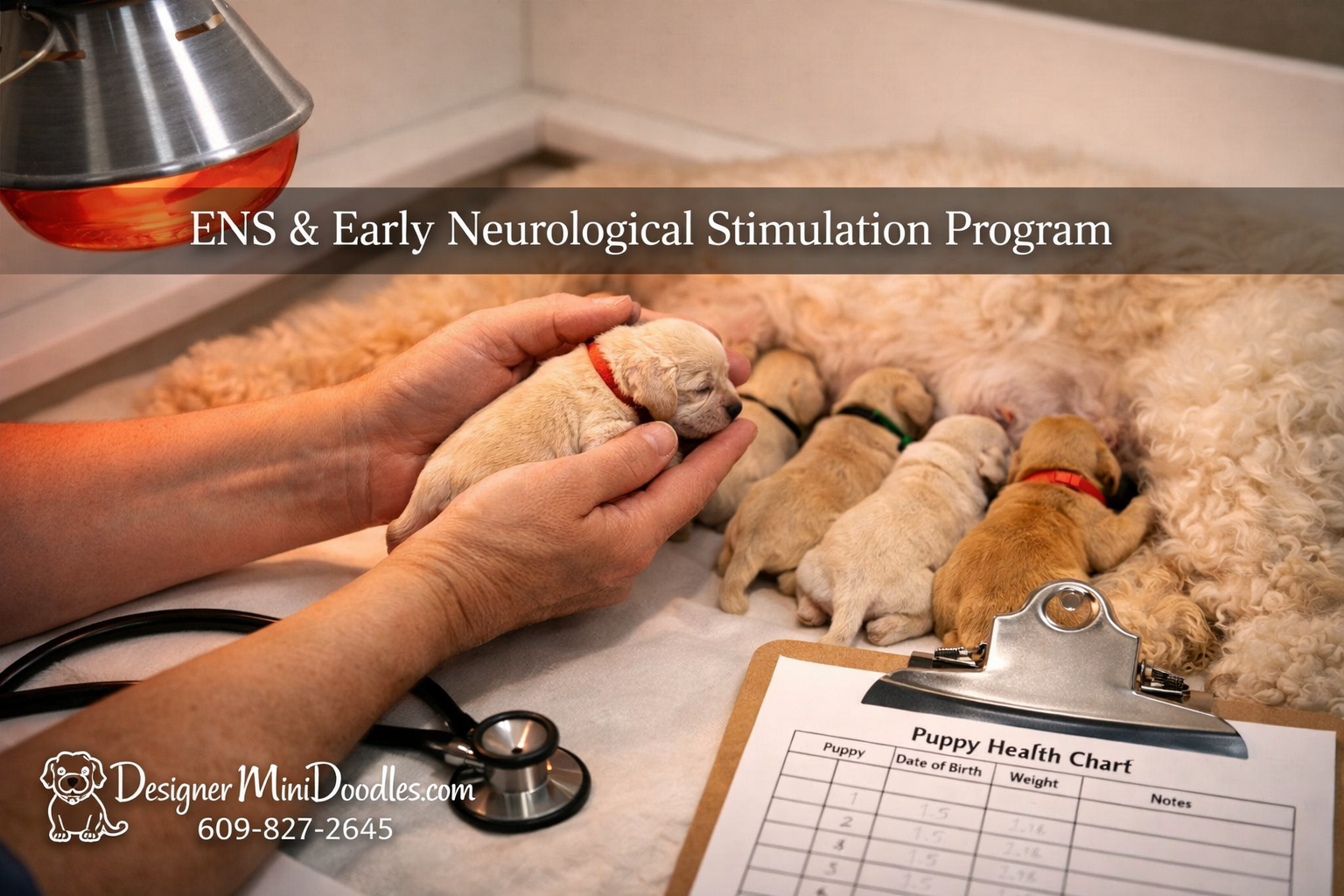 () photograph of a professional whelping area with clean white whelping box, heat lamp, and tiny newborn goldendoodle