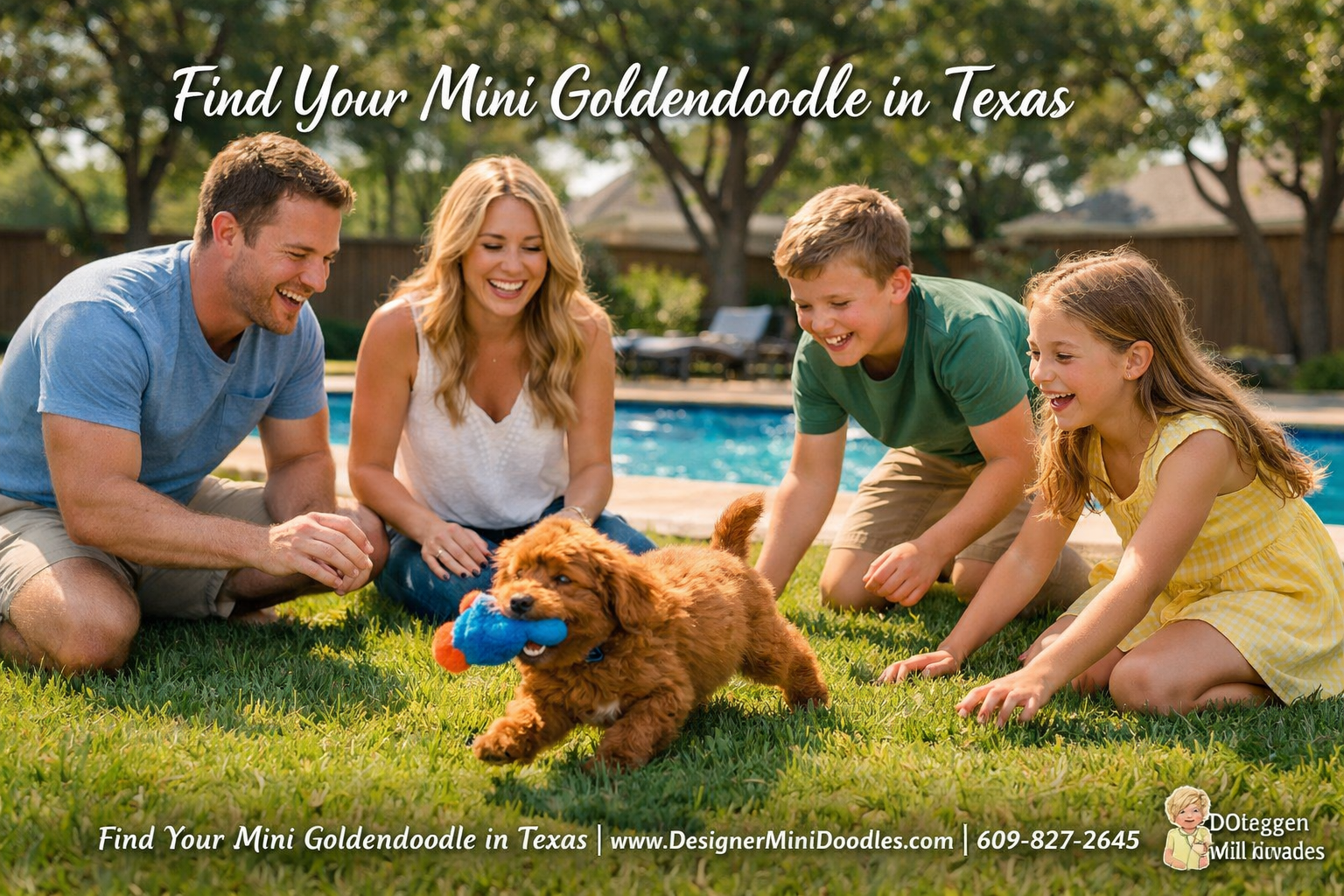 () joyful outdoor scene of a family with two children playing with a small red micro mini goldendoodle puppy in a Texas