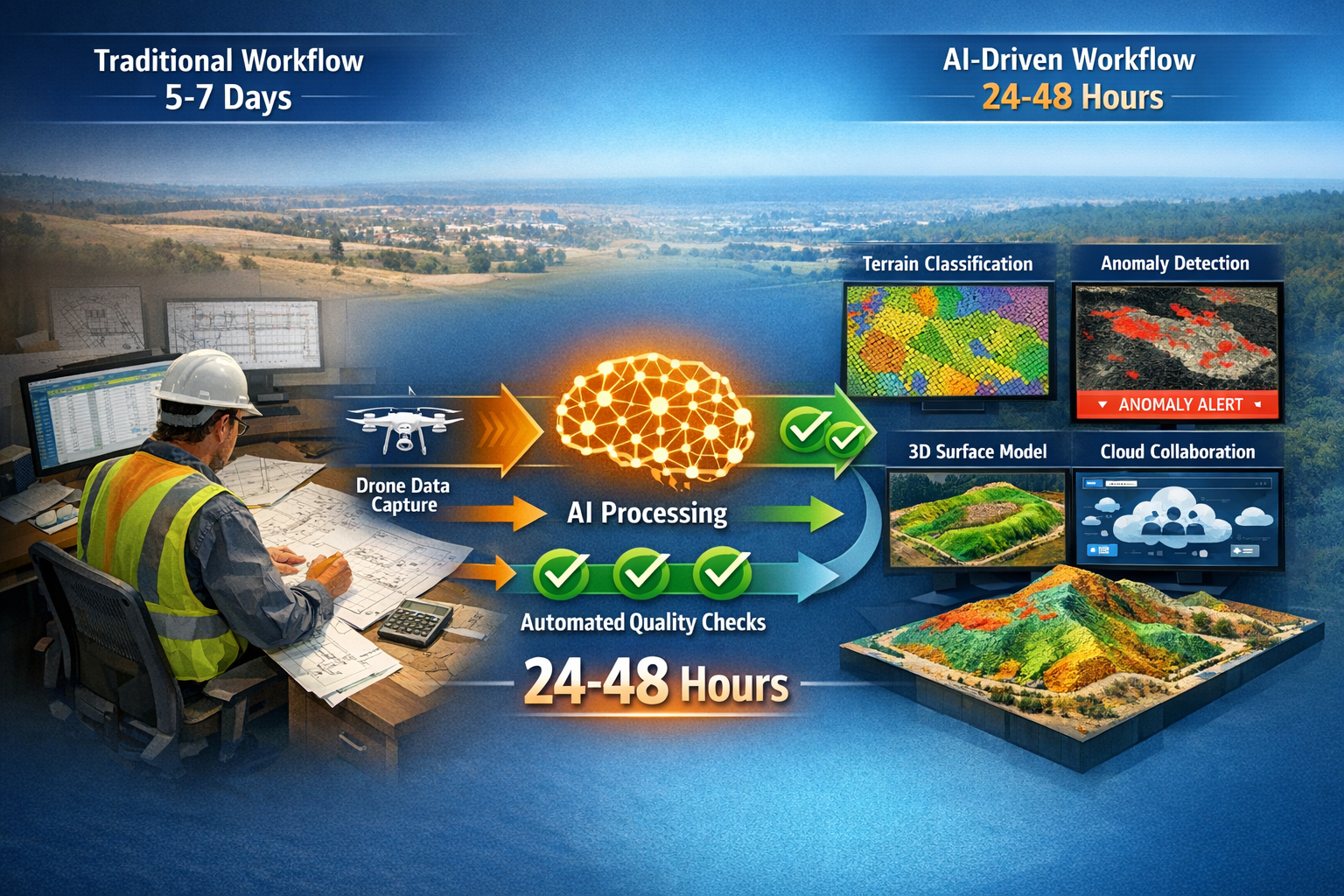 Landscape format (1536x1024) detailed infographic showing AI workflow automation in property surveying. Split-screen comparison: left side d