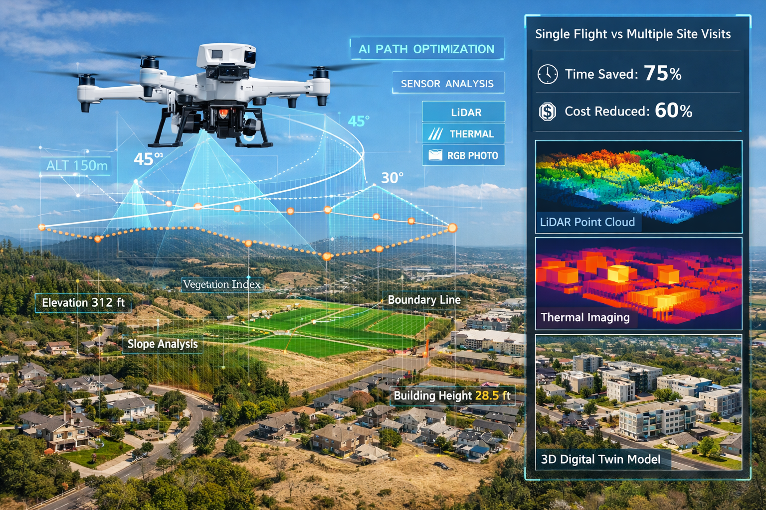 Landscape format (1536x1024) photorealistic scene showing autonomous multi-sensor drone in flight over diverse terrain with overlay of AI pr
