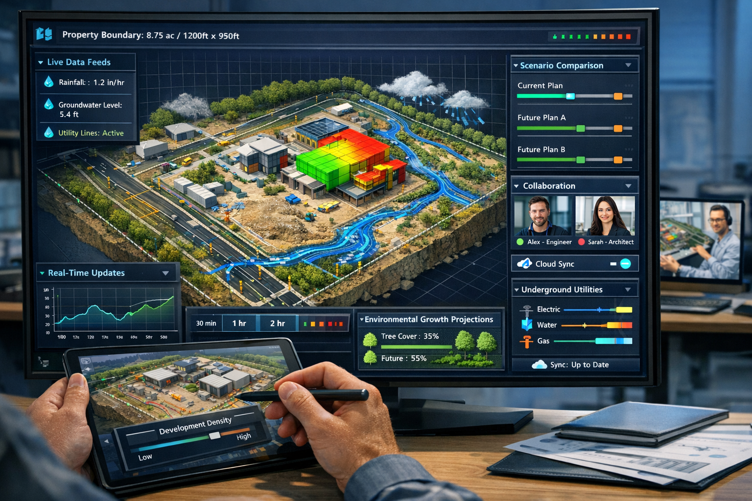 Landscape format (1536x1024) interactive 3D digital twin visualization dashboard displayed on large modern monitor in professional surveying