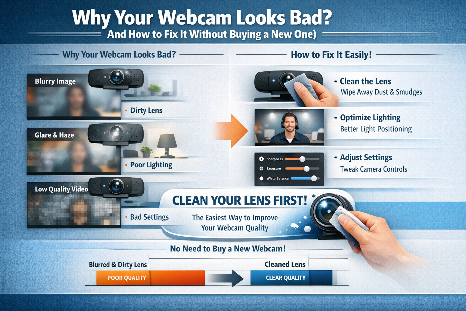 Professional landscape infographic (1536x1024) for article "Why Your Webcam Looks Bad (And How to Fix It Without Buying a New One)", section
