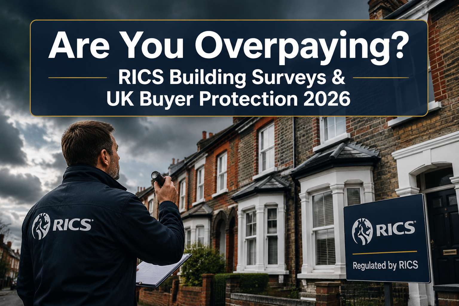 Professional () hero image with : 'Are You Overpaying? RICS Building Surveys & UK Buyer Protection 2026' in extra large