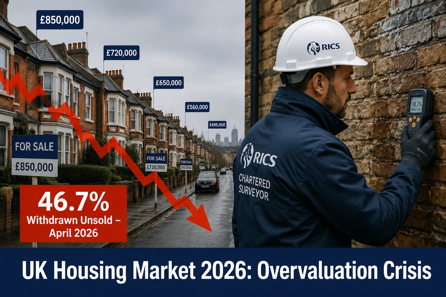 () editorial infographic-style image showing a split-scene: left side displays a UK residential street with inflated price