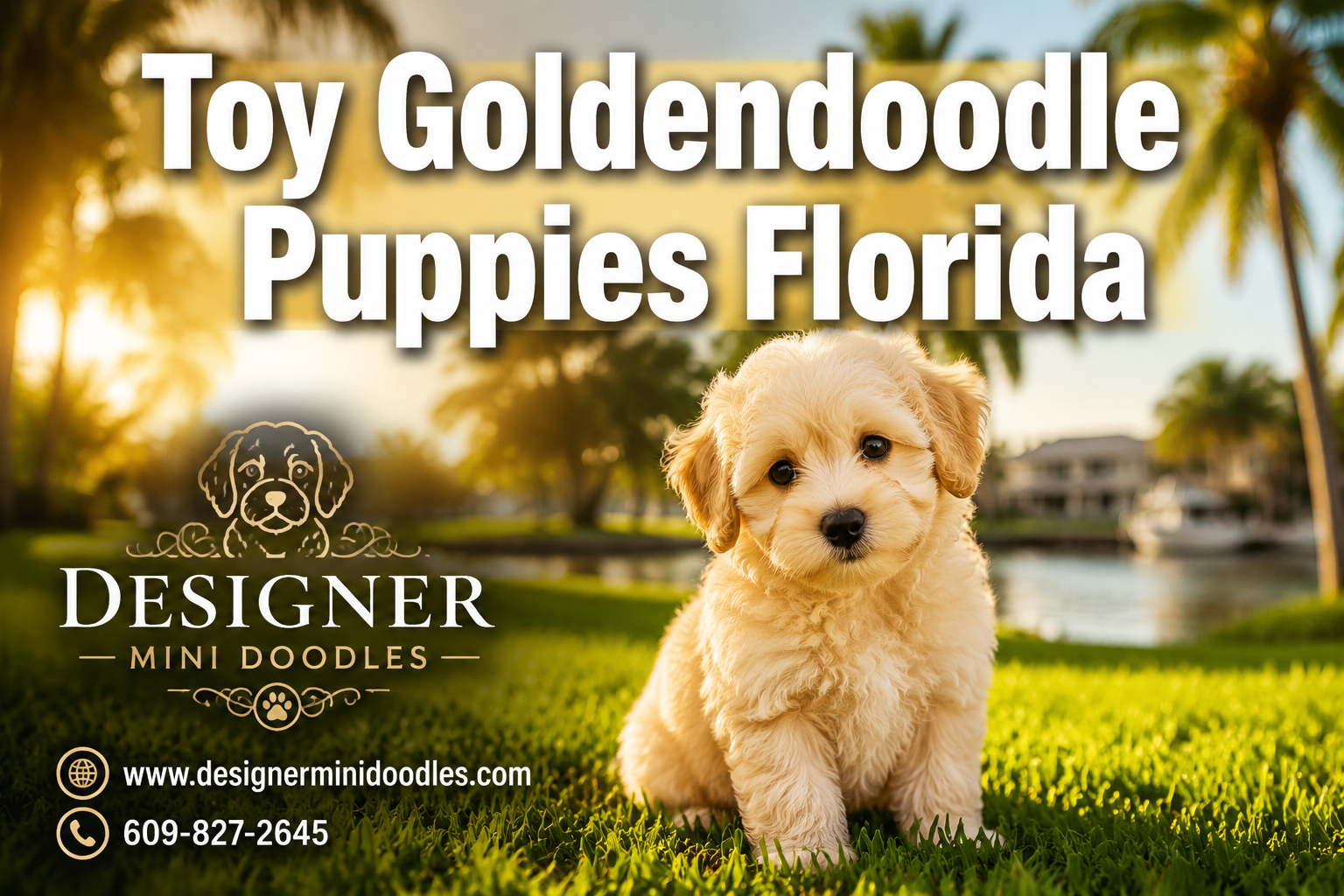 Professional () hero image featuring 'Toy Goldendoodle Puppies Florida' in extra large white with dark effect, centered in