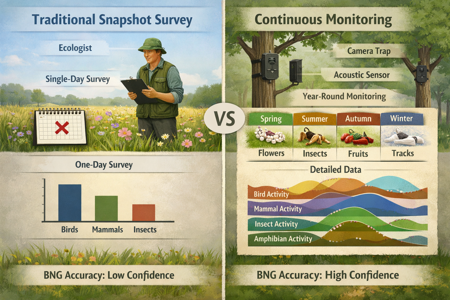 Detailed landscape format (1536x1024) image showing comparison infographic of traditional snapshot biodiversity surveys versus continuous mo