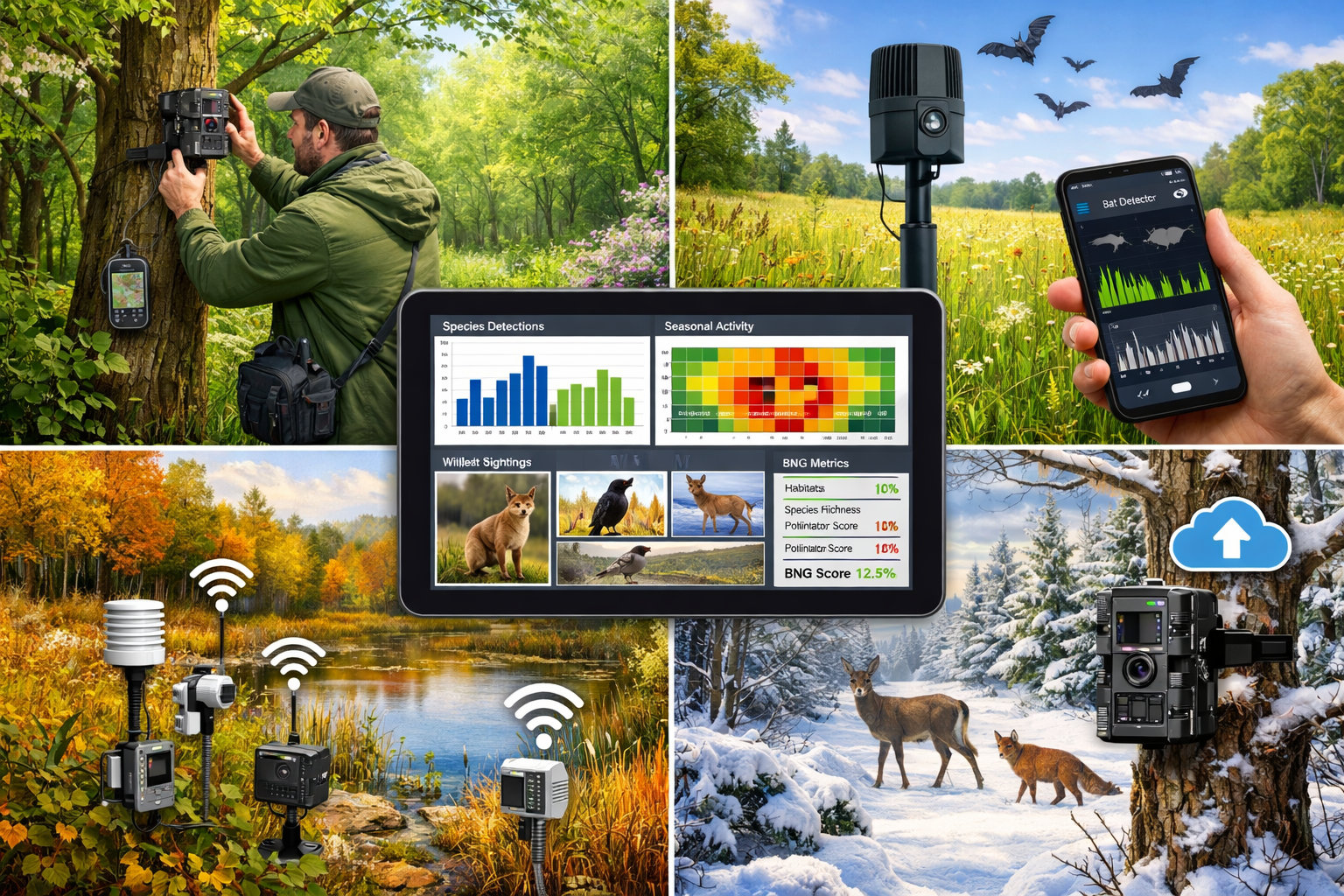 Detailed landscape format (1536x1024) image depicting modern biodiversity monitoring technology deployment across four seasons in quadrant l