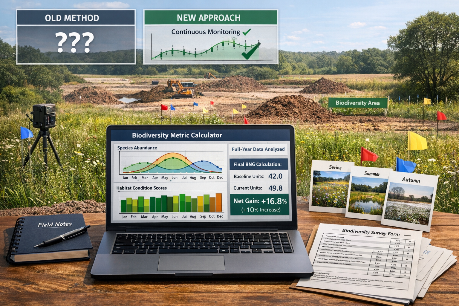 Detailed landscape format (1536x1024) image showing BNG assessment workflow transformation. Background features UK development site with des