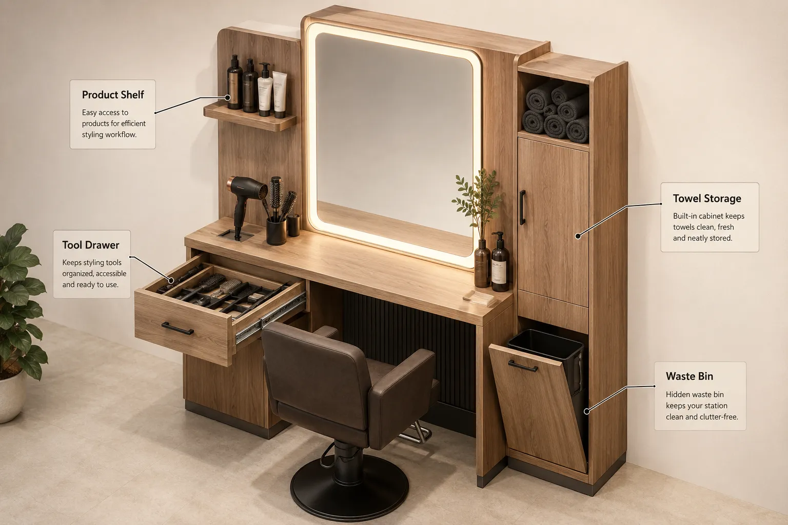 Custom Wood Styling Stations and Storage Furniture Features