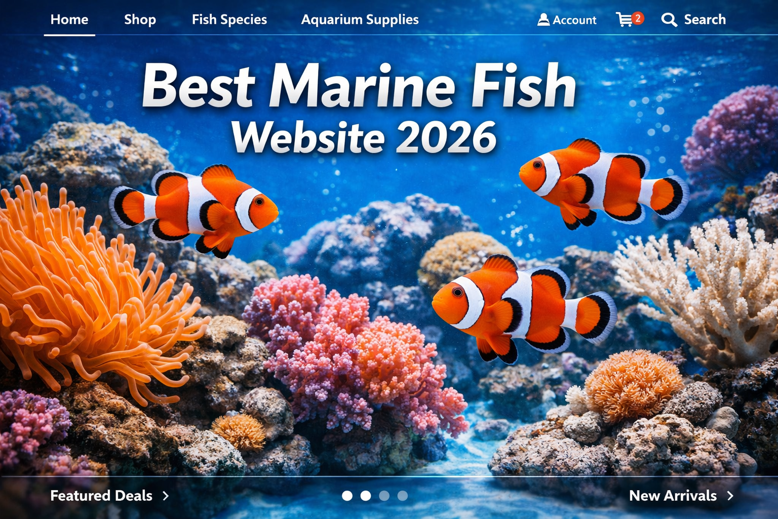 Professional landscape hero image (1536x1024) featuring vibrant saltwater aquarium scene with colorful clownfish swimming among coral reefs,