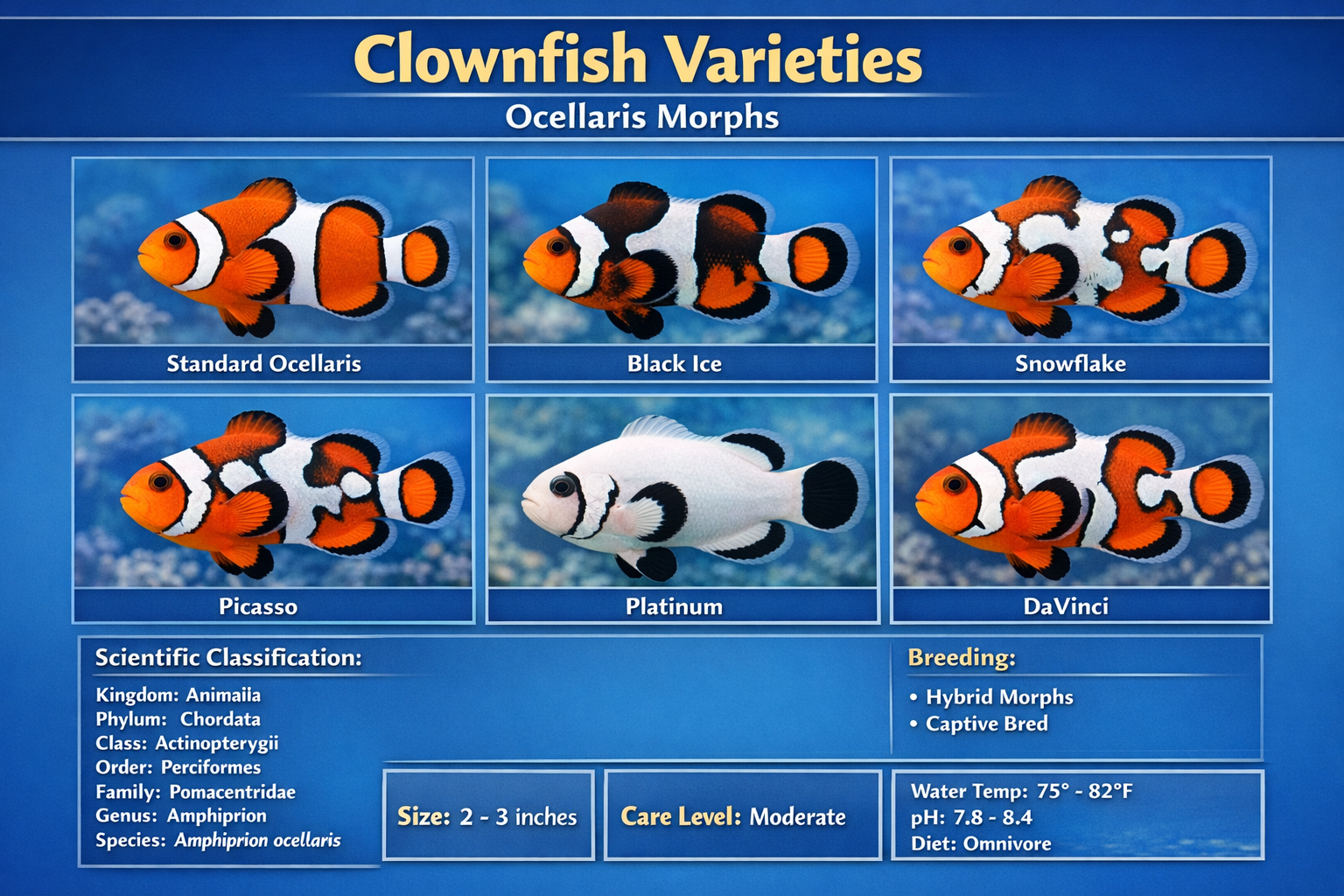 Comprehensive visual guide showing different clownfish species and morphs in grid layout format. Features Ocellaris clownfish variants inclu