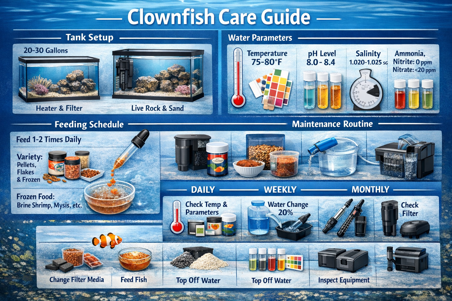 Step-by-step clownfish care infographic showing proper aquarium setup, water parameters, feeding schedules, tank maintenance routines. Visua