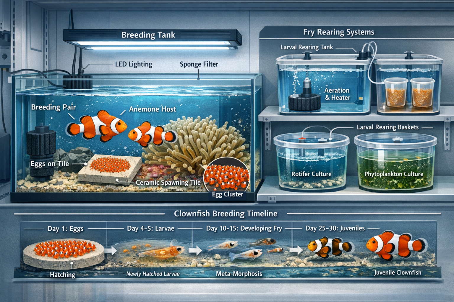 Detailed clownfish breeding setup illustration showing breeding tank configuration with spawning tiles, anemone hosts, fry rearing systems, 