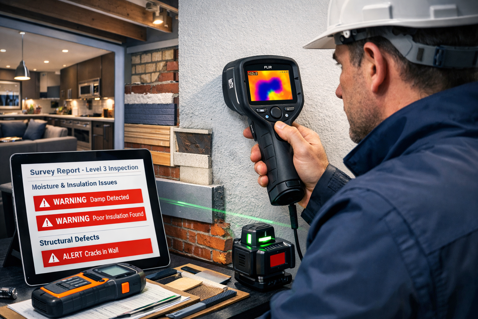 Detailed () image showing professional building surveyor conducting Level 3 structural survey inspection inside multi-unit