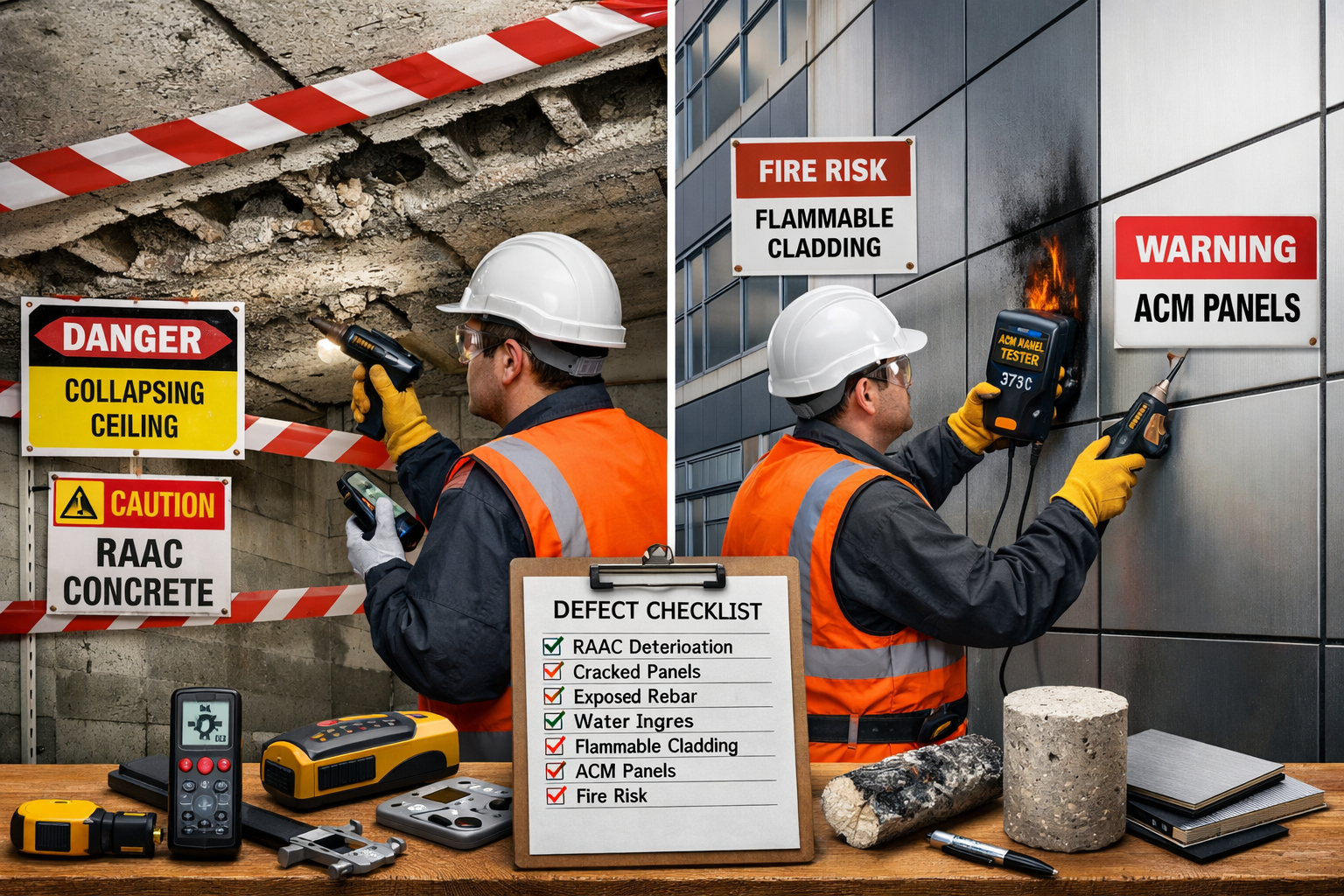 Detailed () image depicting comprehensive building defect identification scene with split-screen composition: left side