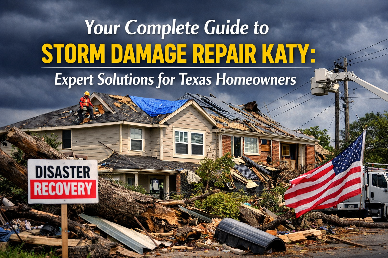 Professional landscape hero image (1536x1024) with bold text overlay: "Your Complete Guide to Storm Damage Repair Katy: Expert Solutions for