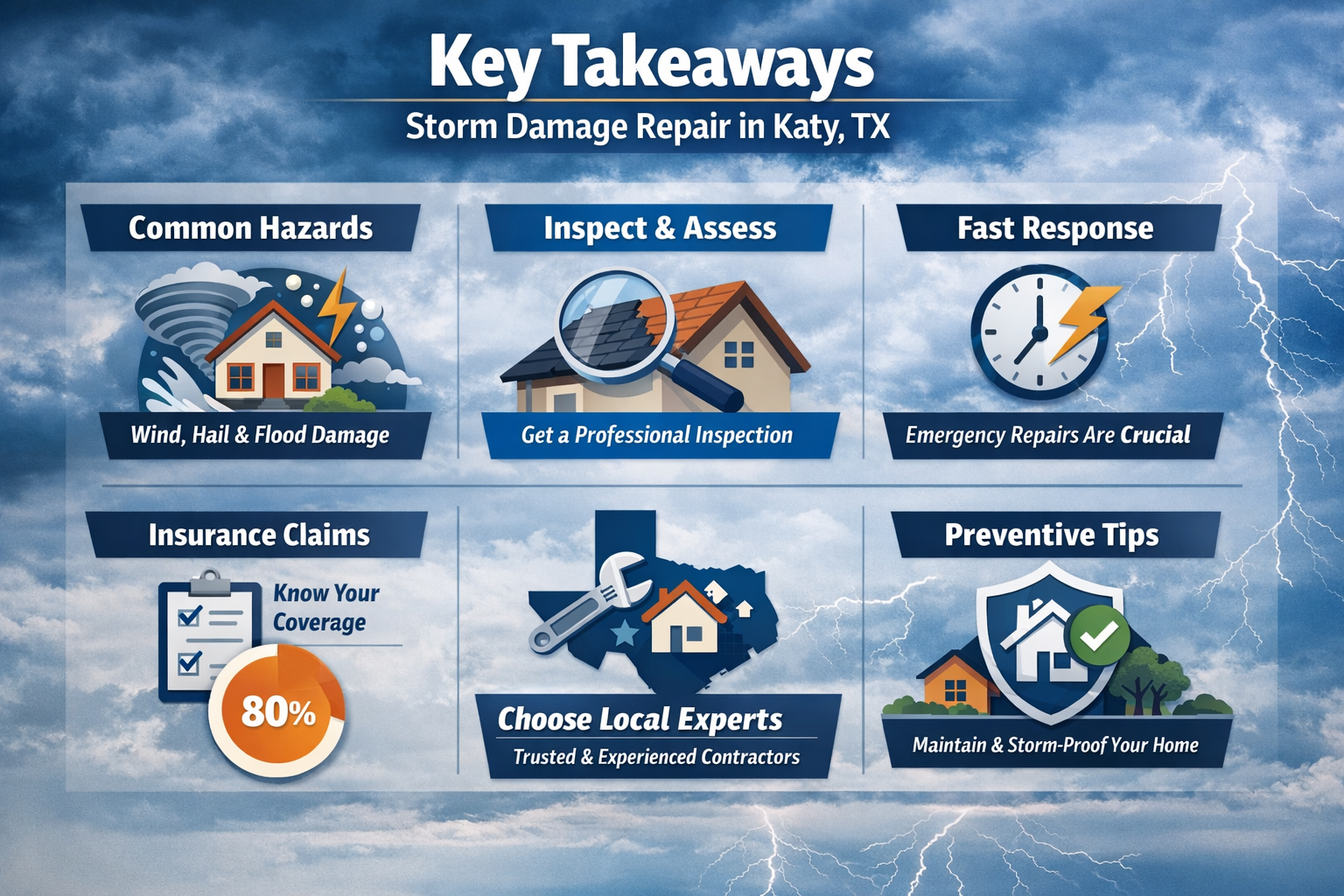 Professional landscape infographic (1536x1024) for article "Your Complete Guide to Storm Damage Repair Katy: Expert Solutions for Texas Home