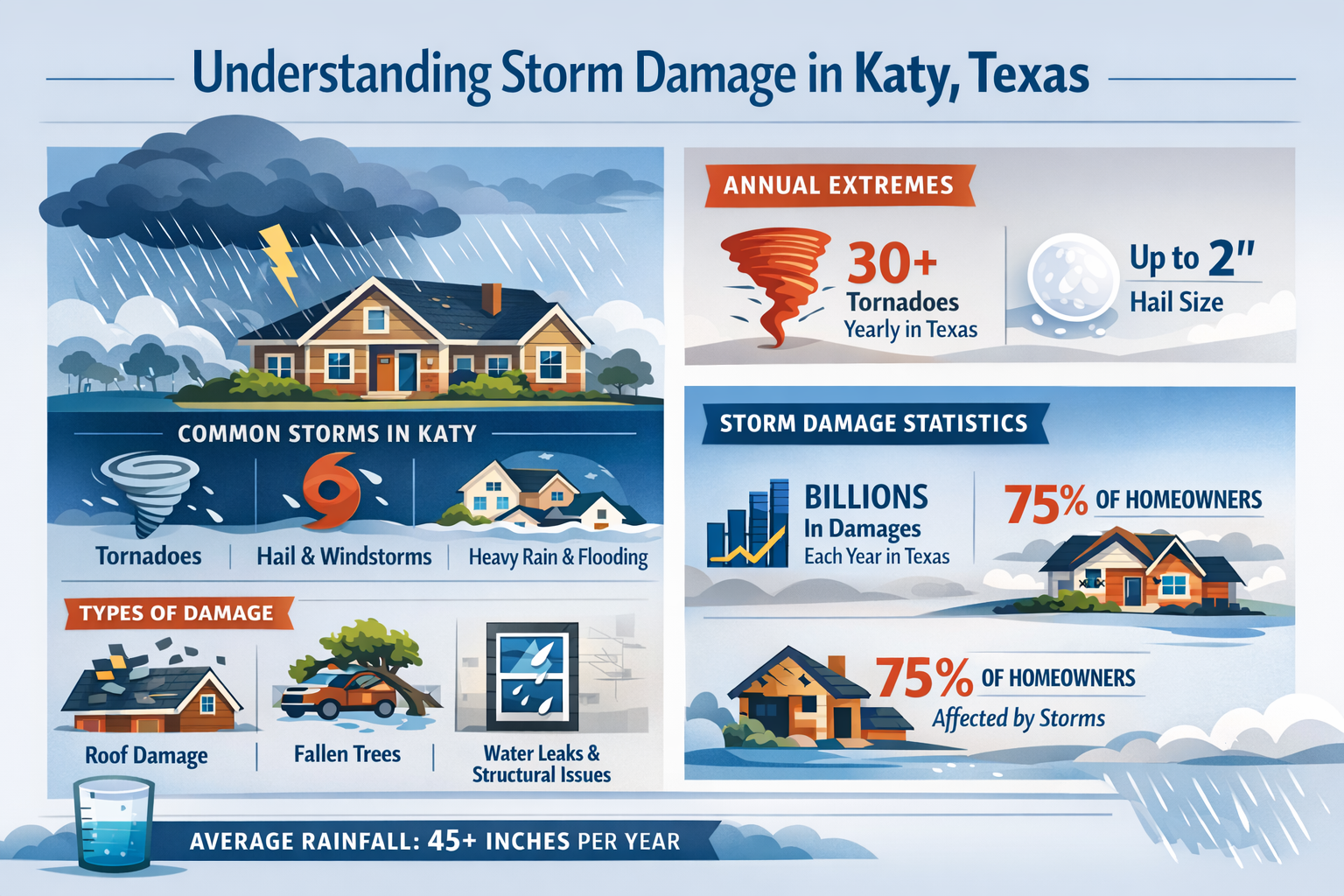 Professional landscape infographic (1536x1024) for article "Your Complete Guide to Storm Damage Repair Katy: Expert Solutions for Texas Home