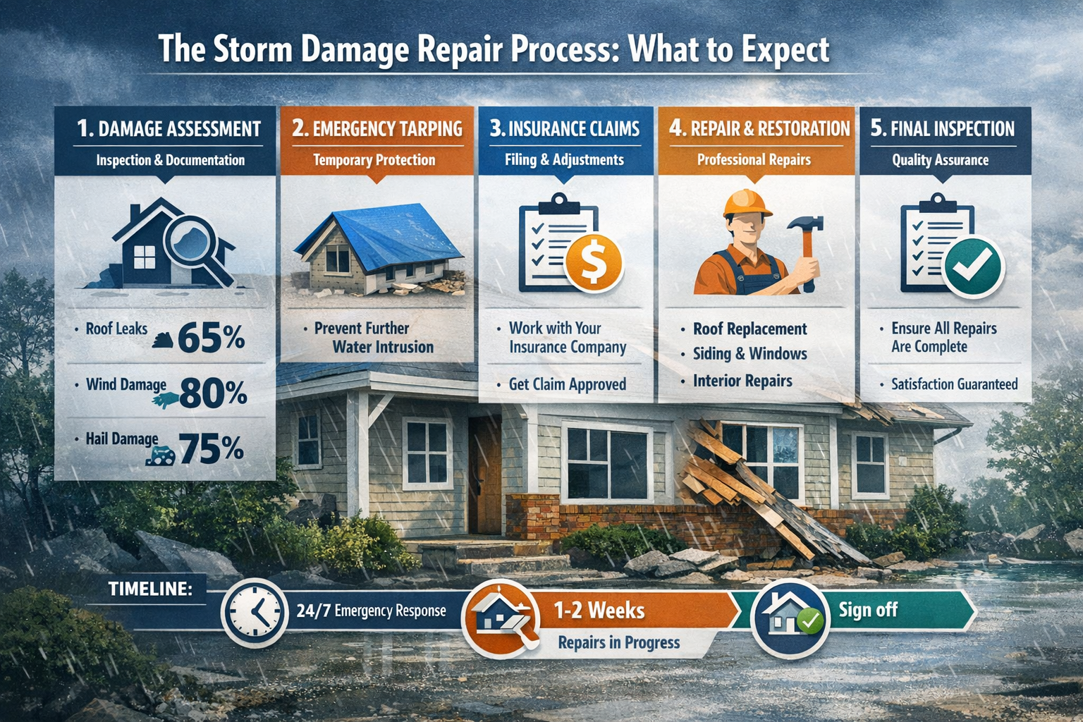 Professional landscape infographic (1536x1024) for article "Your Complete Guide to Storm Damage Repair Katy: Expert Solutions for Texas Home