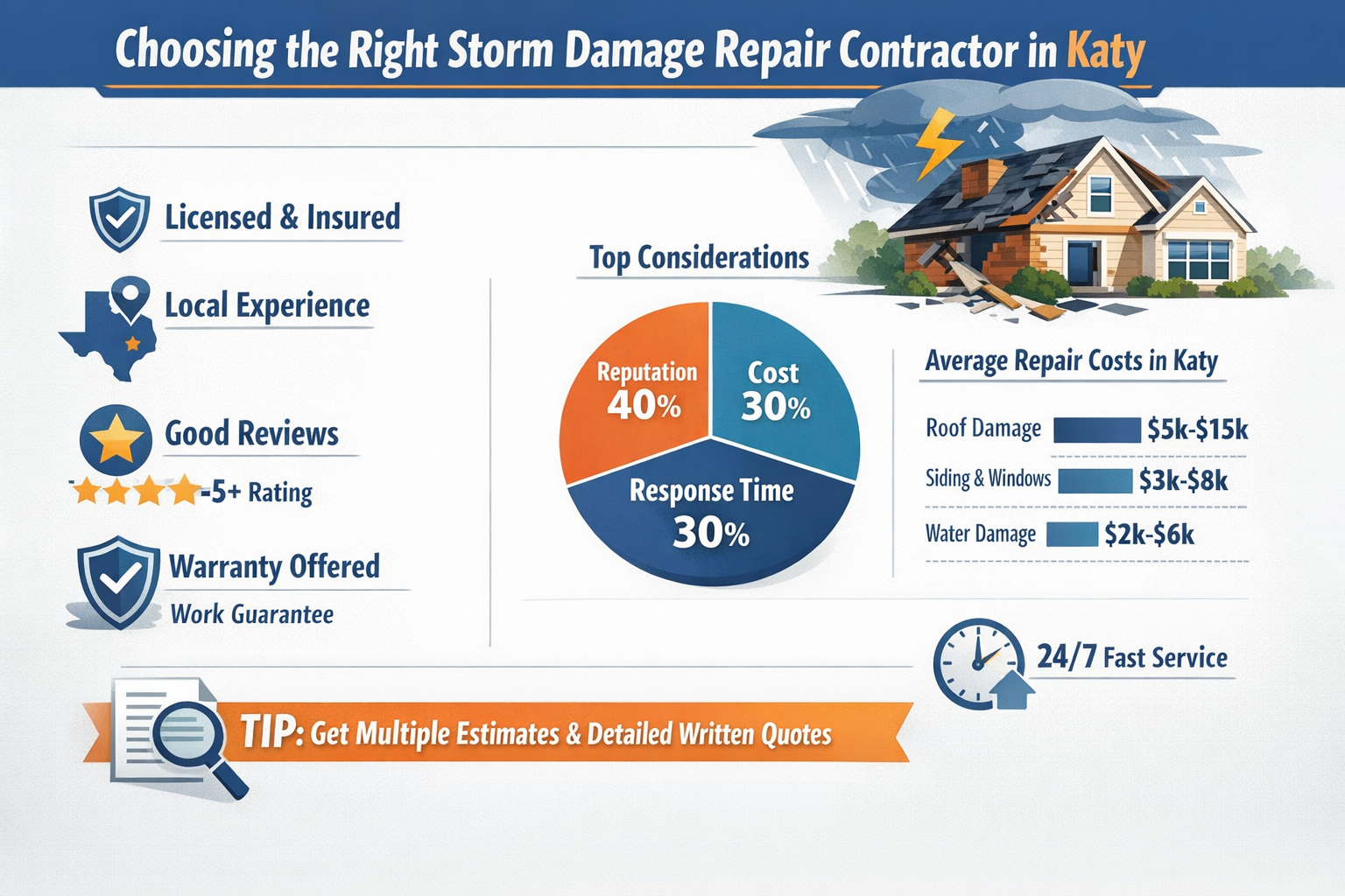 Professional landscape infographic (1536x1024) for article "Your Complete Guide to Storm Damage Repair Katy: Expert Solutions for Texas Home