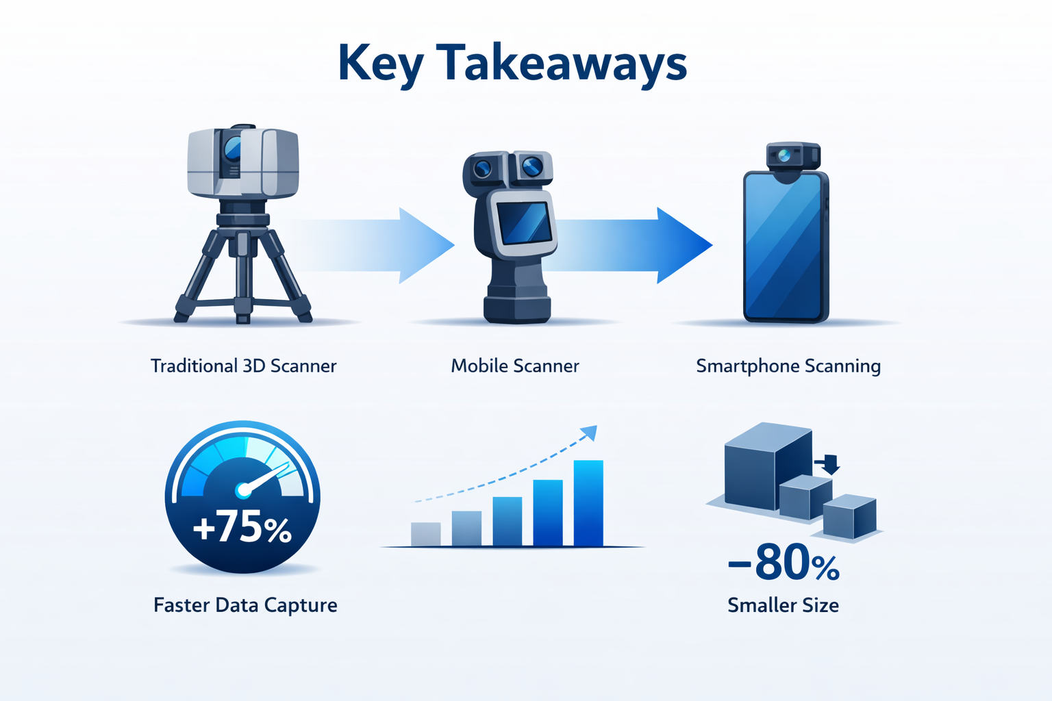 Minimalist infographic for 'Key Takeaways' section showcasing 3D laser scanning technology evolution, featuring clean iconography representi
