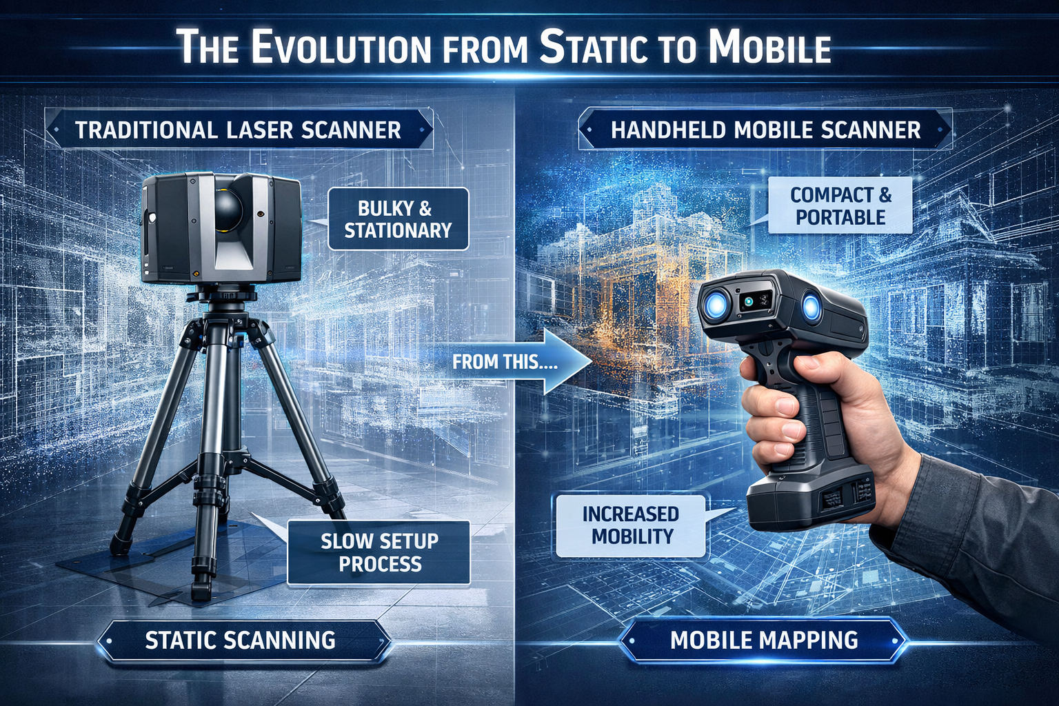 Technical illustration depicting 'The Evolution from Static to Mobile' in 3D laser scanning technology. Split-screen composition showing tra